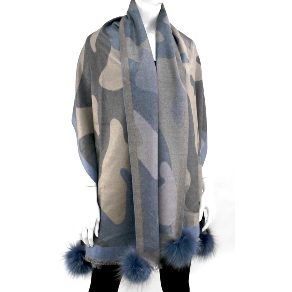 Blue and Gray Large Scarf with Fur Trim